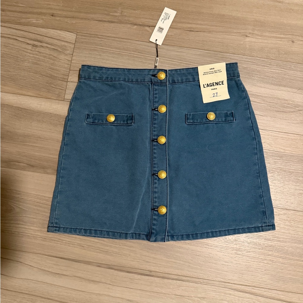 L'AGENCE Denim Blue Mini Skirt with Gold Buttons